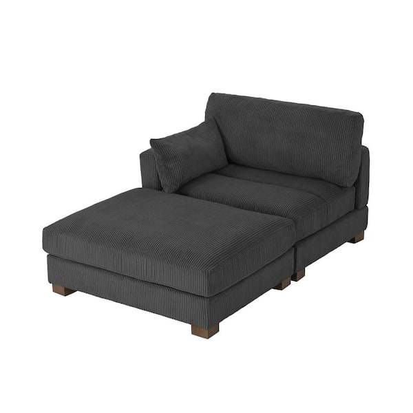 Uixe Modern Left Armrest Gray Corduroy Fabric Upholstered Sectional Chaise Longue with Ottoman