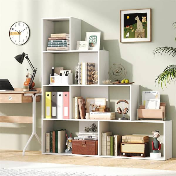 1-Piece 64 in. Tall White Wood 4-Tier Bookshelf with 6-Storage Cubes Modern Geometric Stair Bookcase