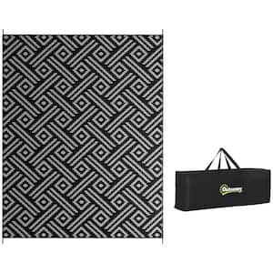 Reversible Outdoor Rug, 9 ft. x 12 ft. Plastic Waterproof Floor Mat Camping Carpet with Carry Bag, Black Gray Geometric