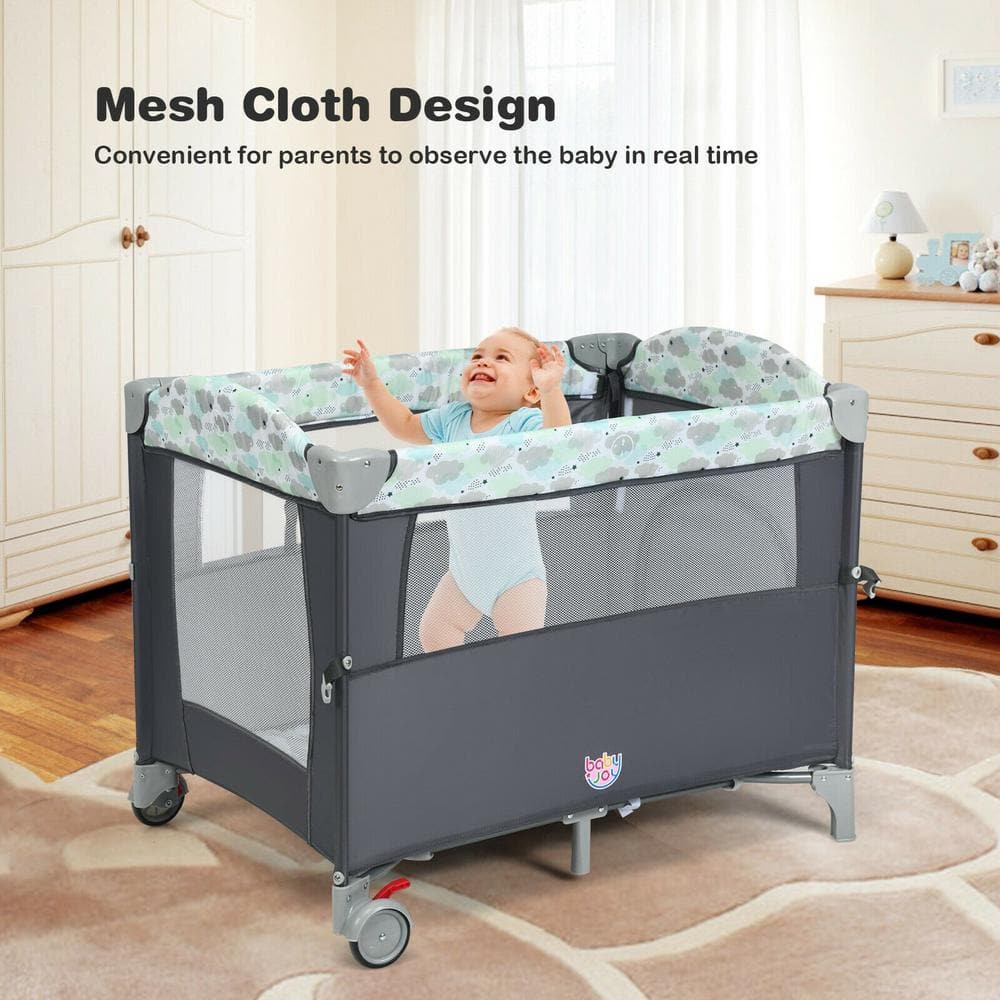 Gray Portable 5-in-1 Baby Bassinet Crib with Changing Station