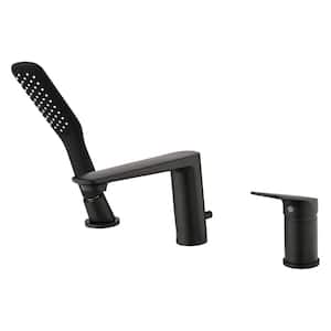 Single-Handle Deck-Mount Roman Tub Faucet with Hand Shower Modern Brass Tub Filler with Valve in Matte Black