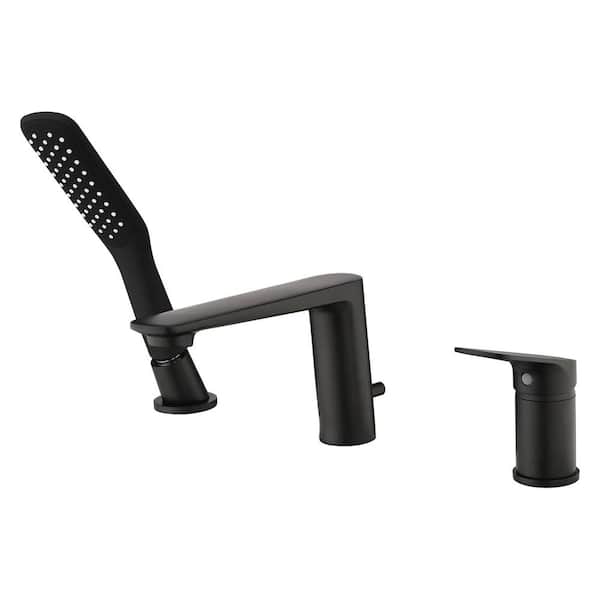 FLG Single-Handle Deck-Mount Roman Tub Faucet with Hand Shower Modern Brass Tub Filler with Valve in Matte Black