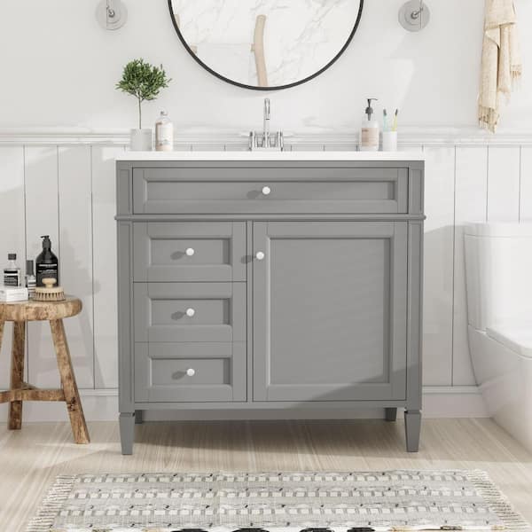 Zeus & Ruta 36 in. W x 18 in. D x 33 in. H Freestanding Bath Vanity in Gray with White Resin Top, 2-Drawers and a Tip-out Drawer