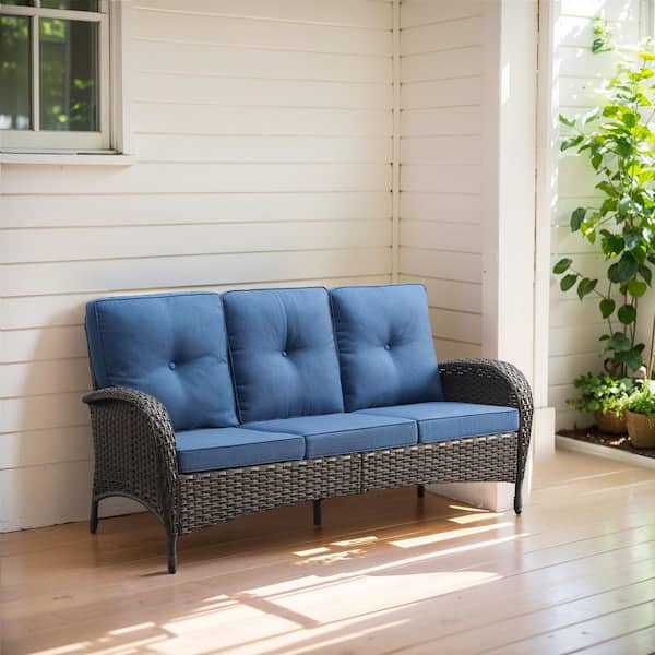 Brown Wicker Outdoor Couch, Rattan Wicker 3-Seat Sofa Deep Seat Couch with Navy Blue Cushions for Garden Backyard