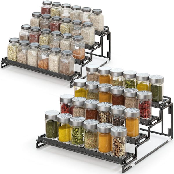 2-Pack 4-Tier Black Metal Spice Rack Organizer for Cabinets, Countertop and Pantry Storage