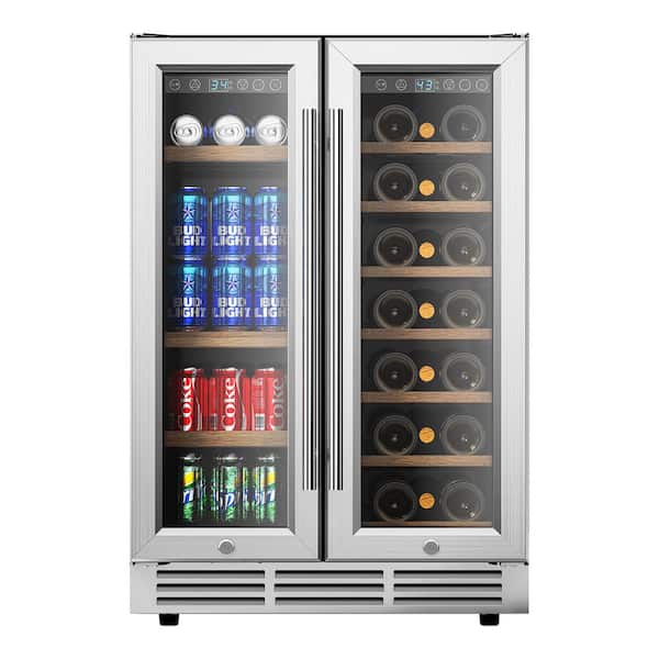 SIMZLIFE 24 in. Dual Zone 20-Wine Bottles and 60-Cans Beverage and Wine Cooler in Silver, 2-Glass Door, Freestanding or Built-in