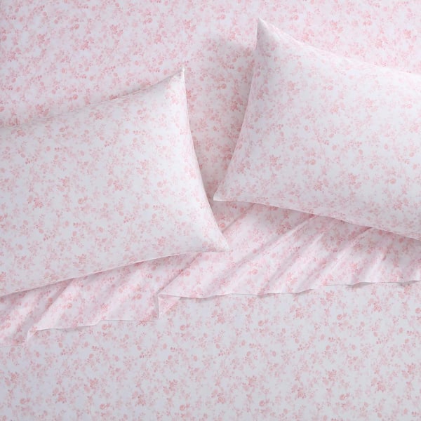 Laura Ashley Bella 4-Piece Pink Cotton Queen Sheet Set