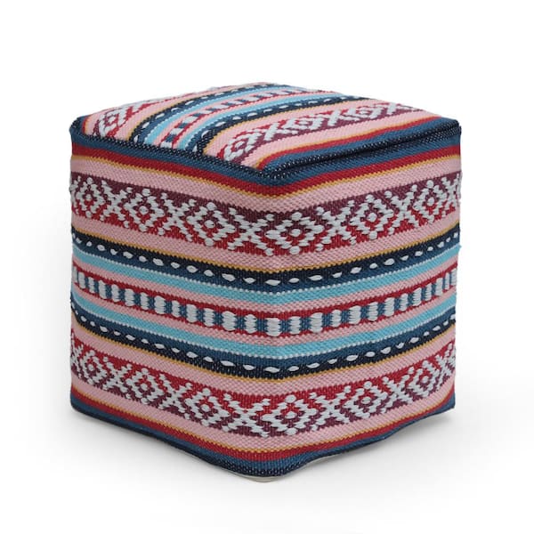 Noble House Rawson Pink, Blue, and Multi-White Peruvian Print Cube Pouf