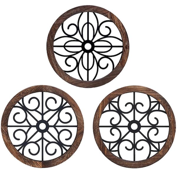 Unbranded Rustic Wall Decor 3 Pack Round Wall Art Geometric Scrolled Metal with Wood Frame Farmhouse Hanging Decoration Wall Art