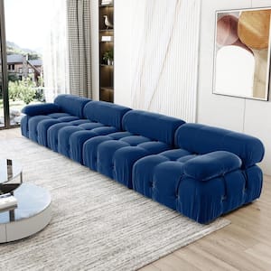 139 in. L-Shaped Flared Arm 4-Seater Convertible Modular Velvet Sectional Sofa in Blue