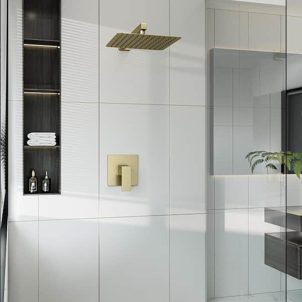 1-Spray Pattern with 1.8 GPM 10 in. with Wall Mount Square Fixed Shower Head in Brushed Gold (Valve Included)