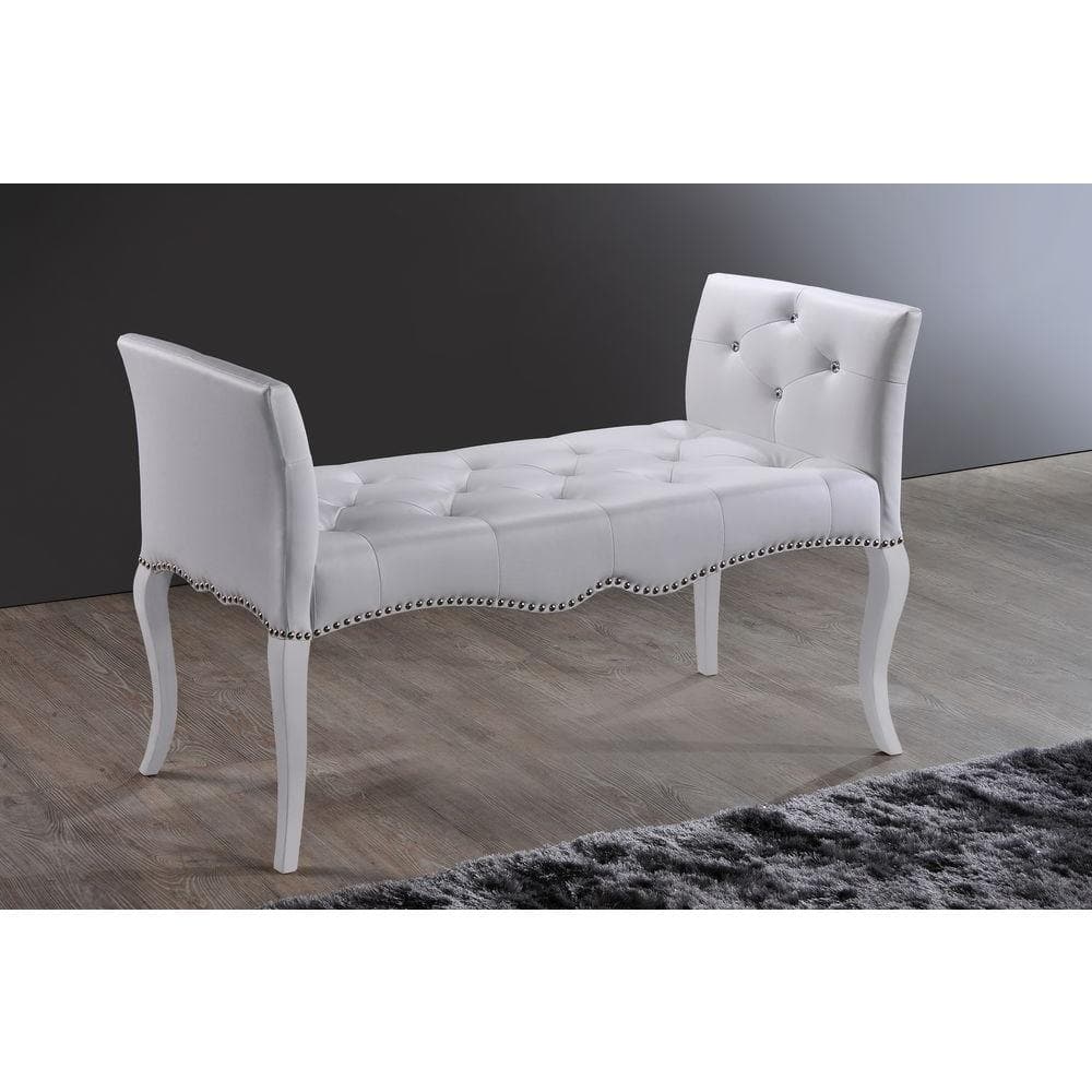 Kristy White Faux Leather Bench with Silver Nail Heads