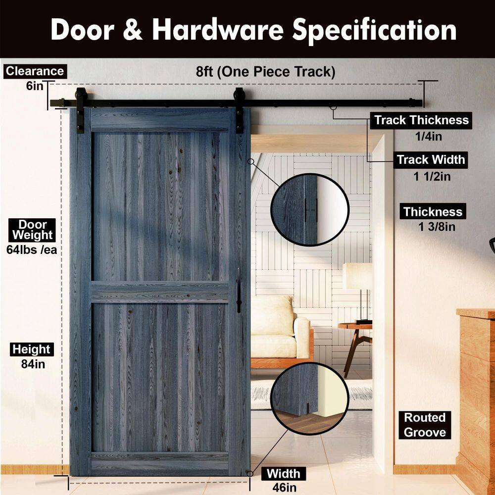Navy Pine Wood Solid Core Single Barn Door with Black Hardware