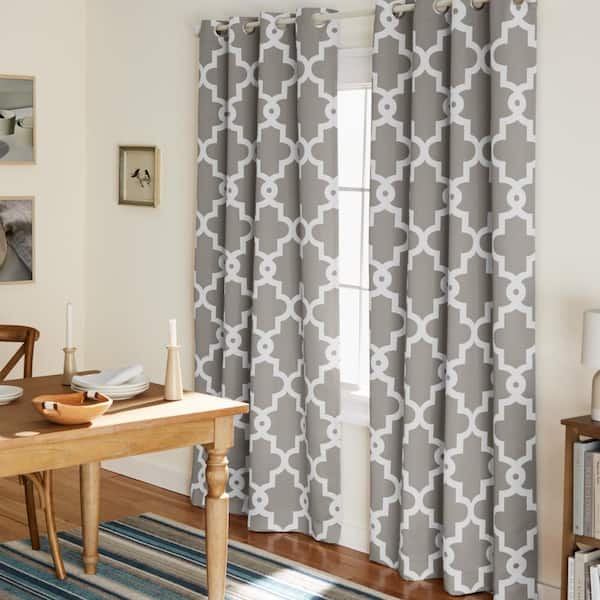 EXCLUSIVE HOME Ironwork Silver Woven Trellis 52 in. W x 96 in. L Noise Cancelling Thermal Grommet Blackout Curtain (Set of 2)