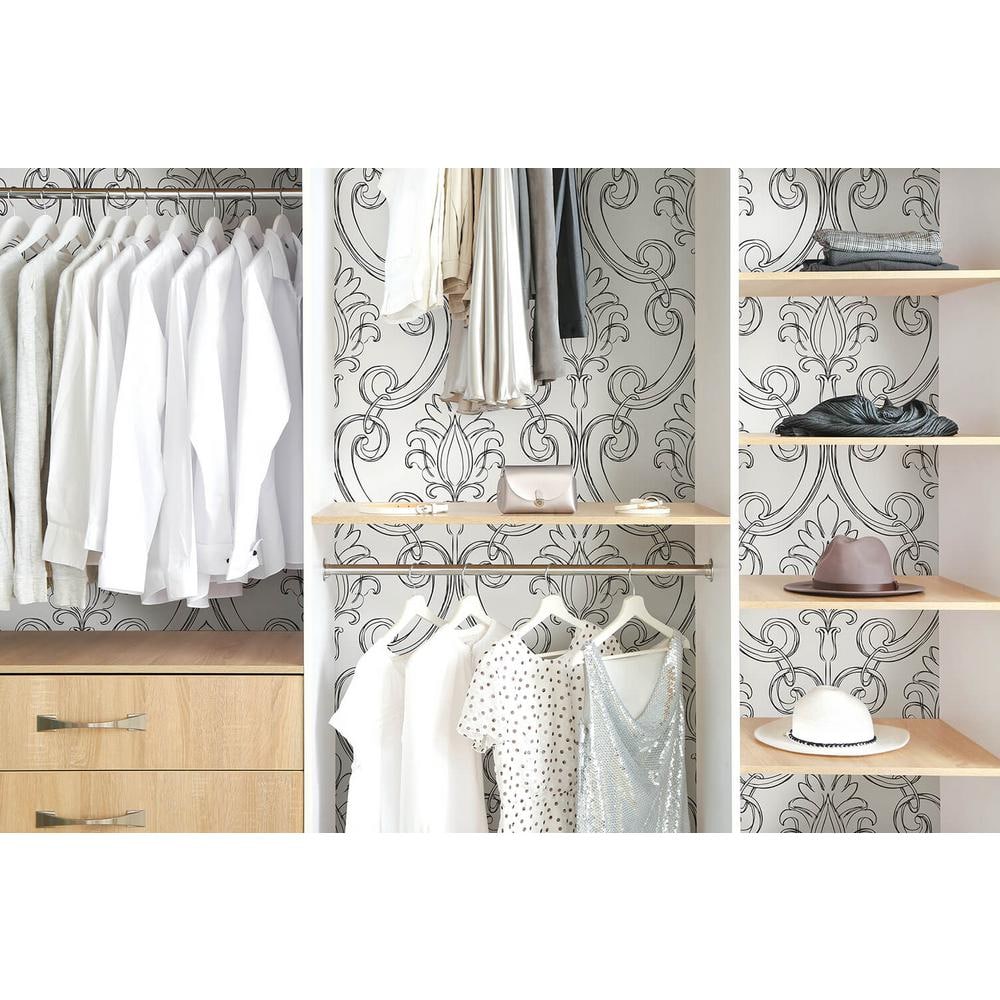 Ebony and White Damask Peel and Stick Wallpaper