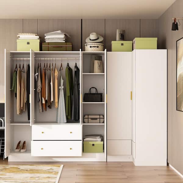 White Wood 98.4 in. W 6-Door Corner Wardrobe Armoires With Mirror, 4 Hanging Rods, 4 Drawers, Storage Shelves