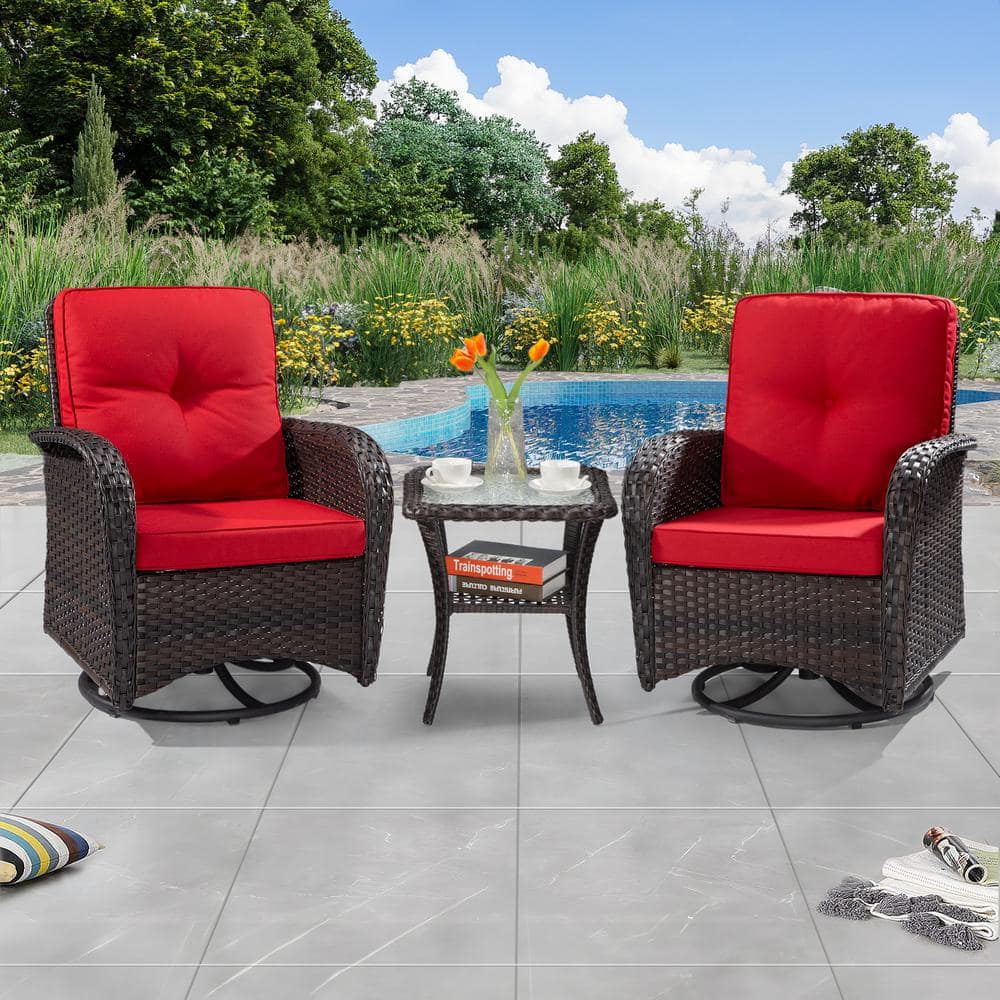 JOYSIDE 3Pcs Dark Brown Wicker Outdoor Rocking Chair Patio Conversation Set Swivel Chairs with
