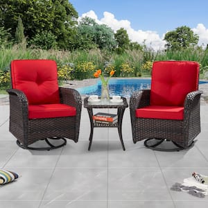 3-Pcs Dark Brown Wicker Outdoor Rocking Chair Patio Conversation Set Swivel Chairs with Red Cushions and Table