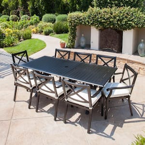 Raymond Black 9-Piece Cast Aluminum Rectangular Outdoor Dining Set with Expandable Table and Ivory Cushions