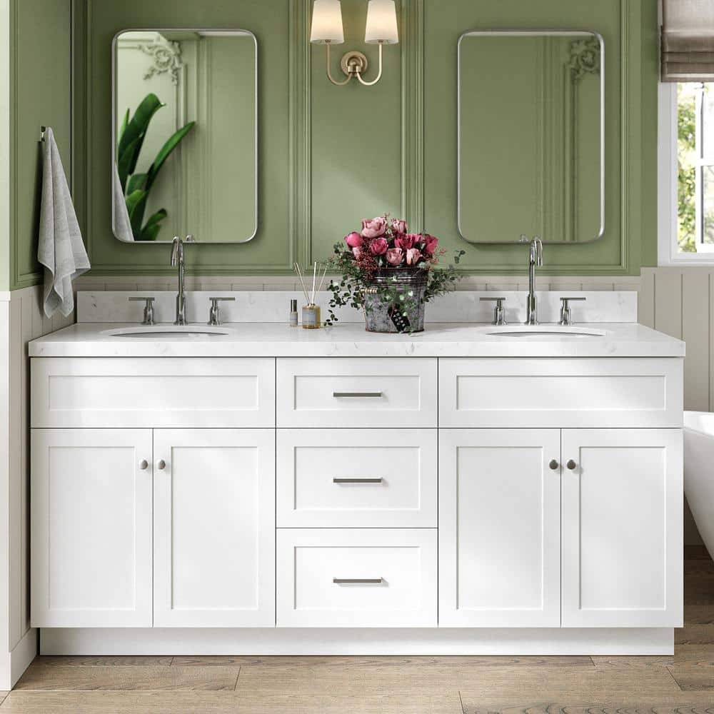 Hamlet 72.25 in. W x 22 in. D x 36 in. H Double Sink Freestanding Bath Vanity in White with Carrara White Quartz Top -  ARIEL, F072DCQOVOWHT