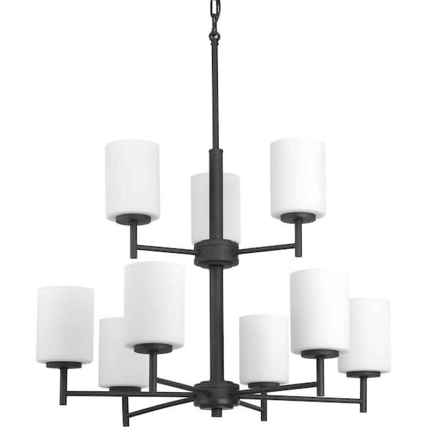 Progress Lighting Replay Collection 9-Light Textured Black Etched Painted White Glass Modern Chandelier Light