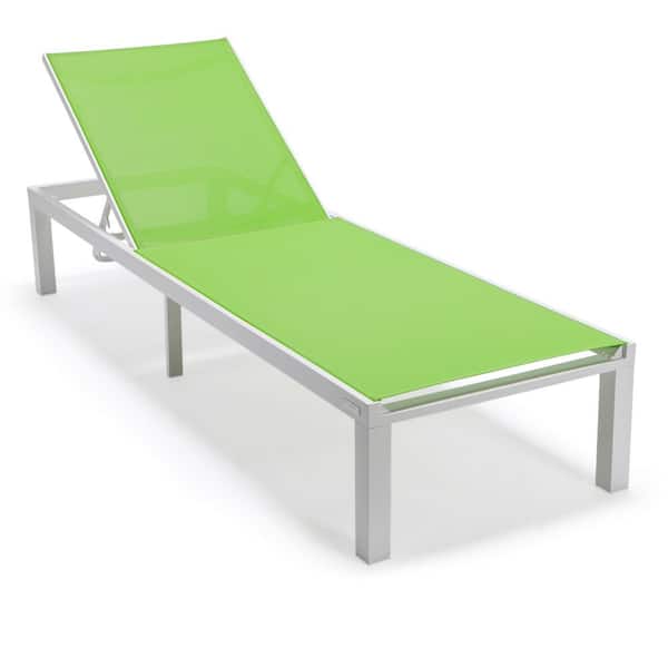 Leisuremod Marlin Outdoor Patio Chaise Lounge Chair in White Aluminum Reclining Backrest Mesh Sling Fabric Seat in Green