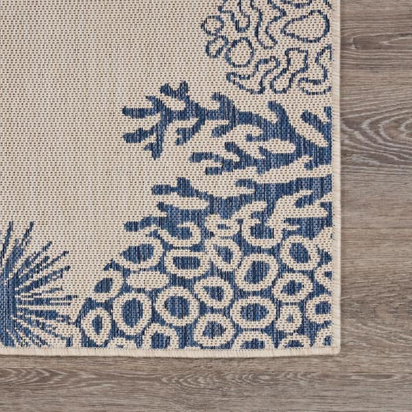 Naira Coastal White/Navy Blue 1 ft. 10 in. x 3 ft. Bordered Coral Reef Polypropylene Indoor/Outdoor Area Rug
