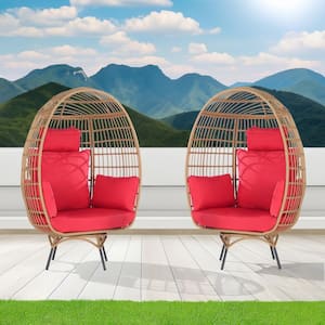 2-Pieces Patio Wicker Swivel Egg Chair, Oversized Indoor Outdoor Egg Chair, Brown Rattan Red Cushions