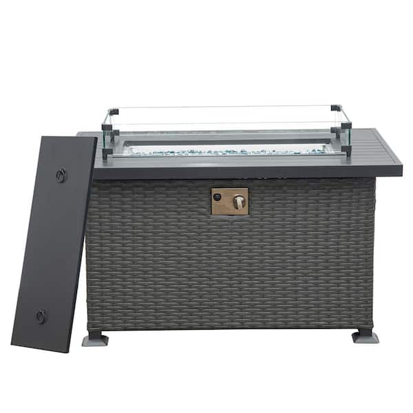 SUNRINX Dark Gray Rectangle Steel 43.31 in. 50000 BTU Propane Fire Pit Table with Glass Wind Guard and ETL-Certified