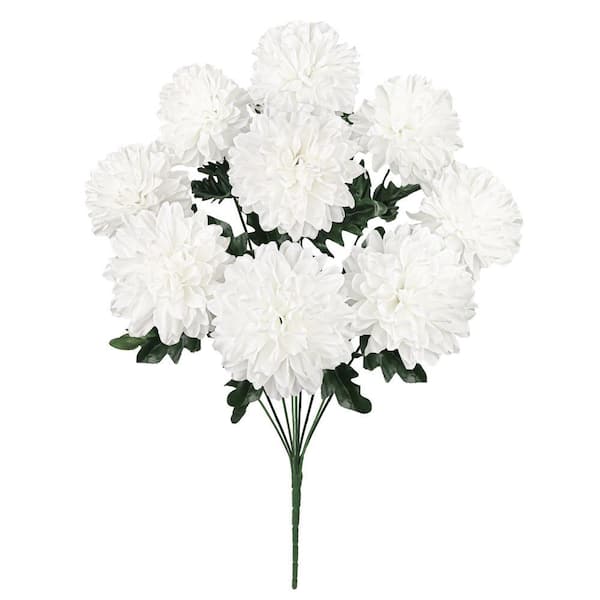 LIVING LUXURY 22 in. White Artificial Ball Mum Pom Pom Flower Stem