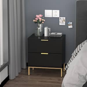 2-Drawer Black Wooden Nightstand Bedside Table With 4 Metal Legs 15.7 in. D x 19.7 in. W x 17.9 in. H