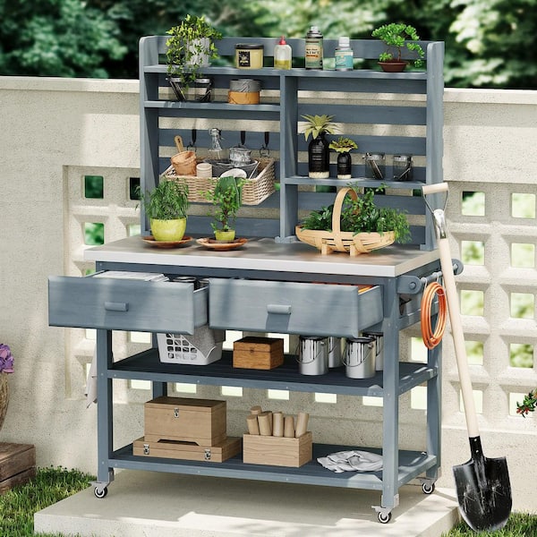 Outdoor Potting Bench With Upper Hutch & Wheels – Solid Wood Garden Table, Stainless Top, Lockable Wheels (Grey Blue)