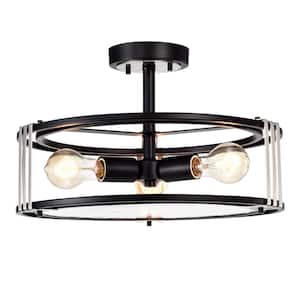 16 in. 3-Light Black and Brushed Nickel Round Semi Flush Mount with Verre Strie Glass