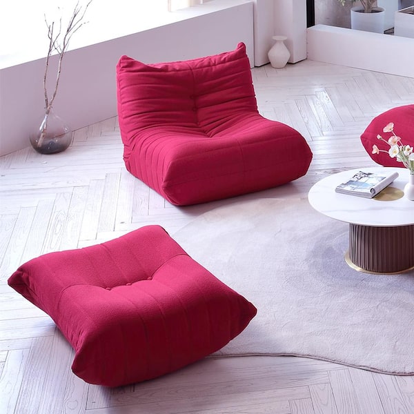 Comfy Lazy Floor Sofa 34.25 in. 1-Seat Chair Teddy Velvet Bean Bag Armless  Foam-Filled Thick Couch with Ottoman, Red