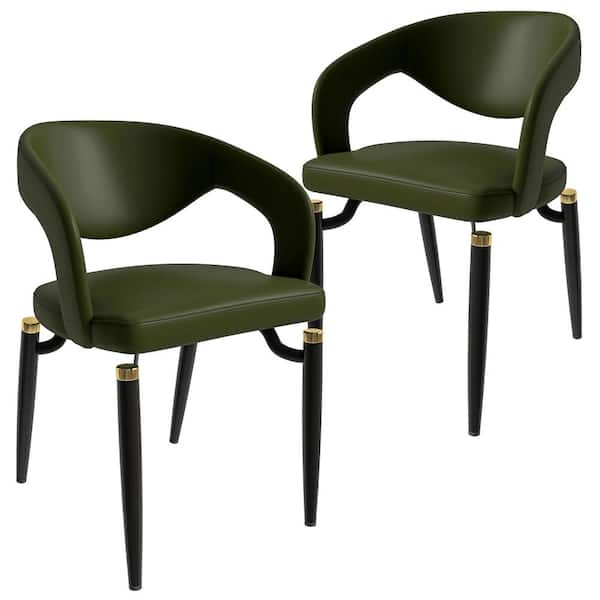 Leisuremod 2-Piece Leather Dining Chairs Ergonomic Curved Open Back Design in Black Iron Entice Collection in Green
