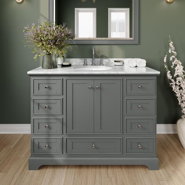 Wyndham Collection Deborah 48 in. Single Vanity in Dark Gray with Marble Vanity Top in White Carrara with White Basin and 46 in. Mirror