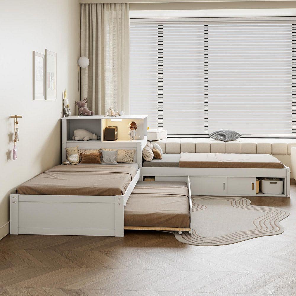 White Wood Frame Twin Size Platform Bed with Storage Cabinets, Desk, Trundle