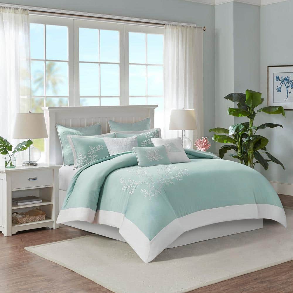 Turquoise Cotton Jacquard Coastal Queen Duvet Cover Set