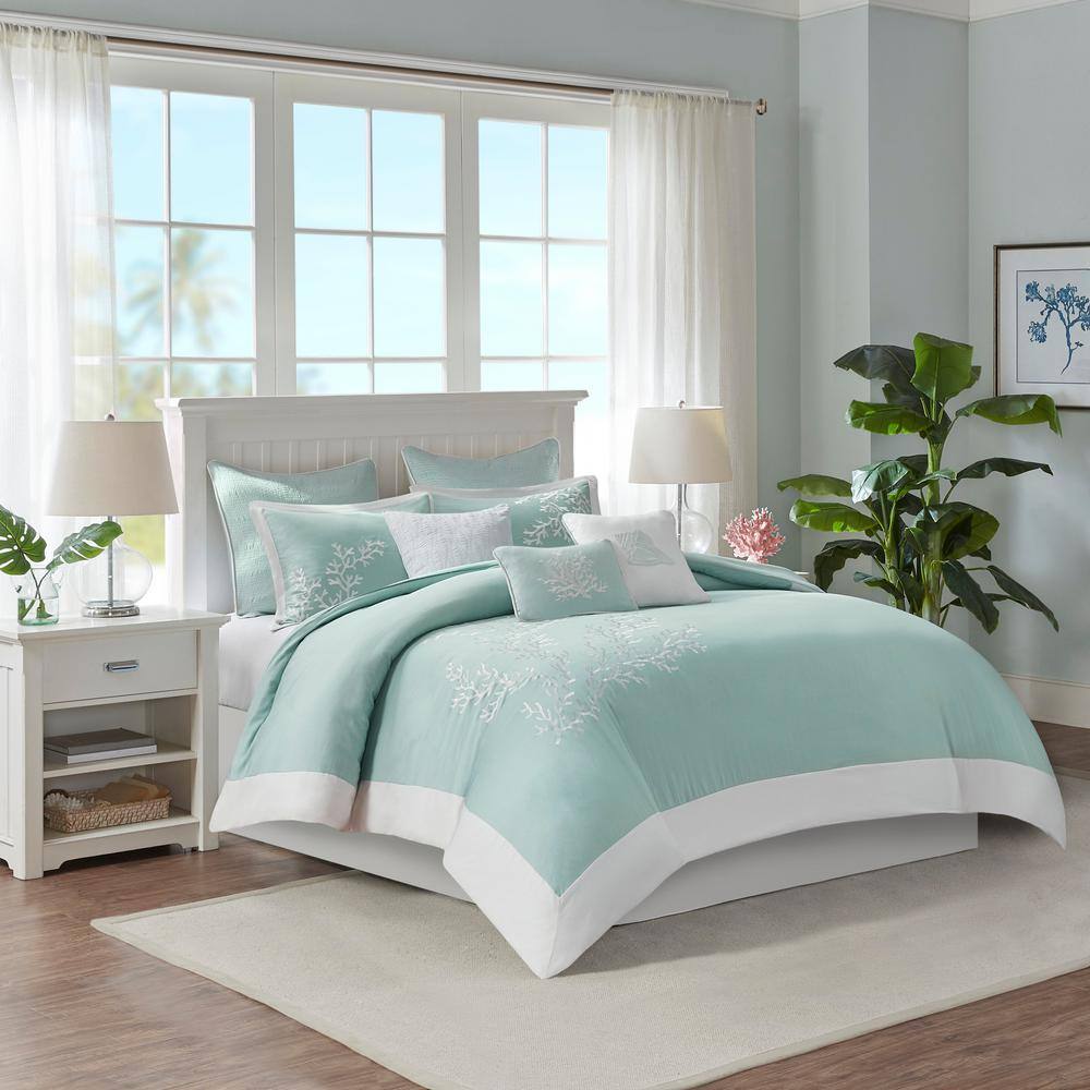 Turquoise Cotton Jacquard Coastal Queen Duvet Cover Set