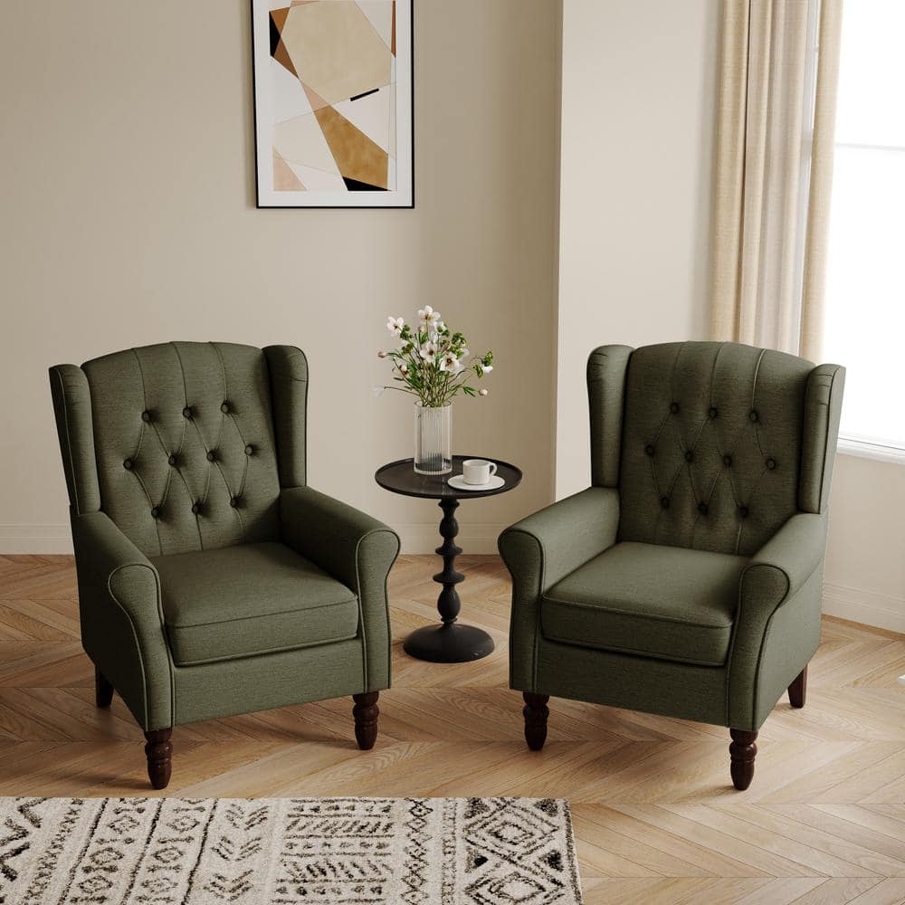 Uixe Green Linen Button Tufted Design Accent Arm Chair (Set of 2