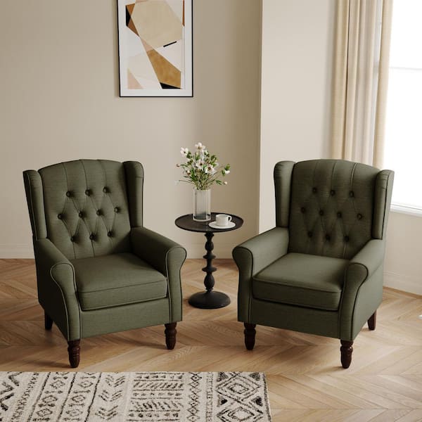Uixe Green Linen Button Tufted Design Accent Arm Chair (Set of 2)