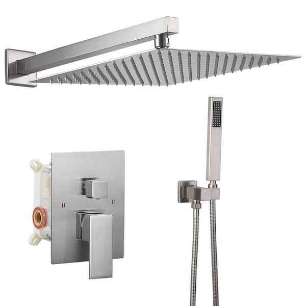Single Handle 2-Spray 10 in. Square Shower Faucet with 2.5 GPM with High Pressure in Brushed Nickel (Valve Included)