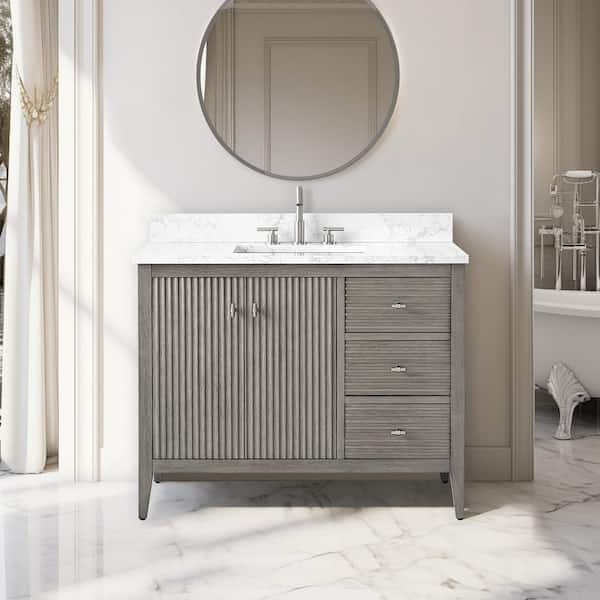 Vanity Art 42 in. W x 22 in D x 38 in. H Single Sink Bath Vanity Cabinet in Linear Driftwood Gray with White Engineered Marble Top