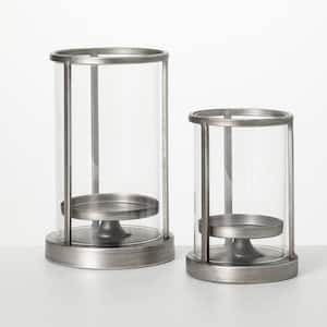6.75 in. H and 9 in. H Metal Glass Pillar Holder Set; Silver
