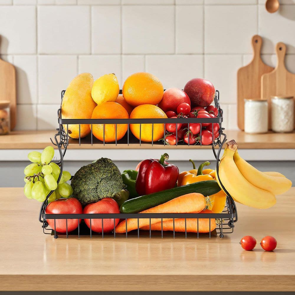 2 Tier Fruit Basket, with Banana Hangers, Metal Wire Storage Stand, Detachable Stackable Holder Organizer, Black QPCFSNLZFX2CQRPIY001V0-250718 - The Home Depot