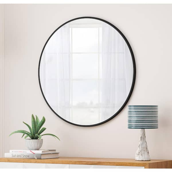IDEAGLE 36 in. W x 36 in. H Rectangle Modern Metal Framed Black Mirror Round Bathroom Mirror Decor Wall Mirror Circle Mirror