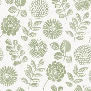 Inge Green Moss Floral Block Print Wallpaper Sample