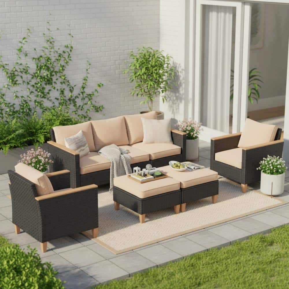 7-Piece Gray Wicker Outdoor Sectional Set with Khaki Cushions and Ottoman for Garden and Patio price history on PriceWatchPro