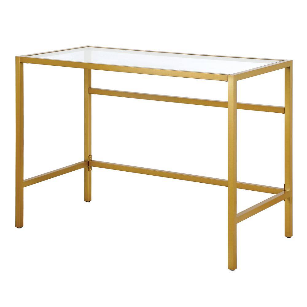 Sivil 42" Modern Brass Writing Desk with Tempered Glass Top