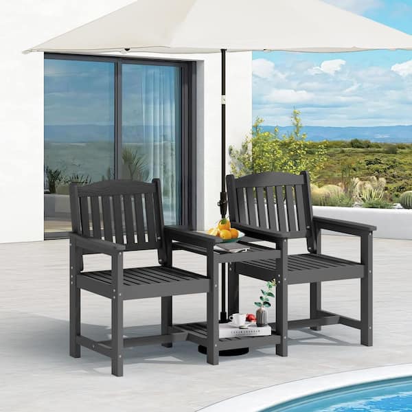 Gray Woodgrain 2 Pieces HDPE Plastic Patio Conversation Set
